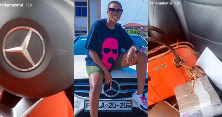 Fella Makafui Gives Flaunts Her Expensive Benz And Displays Bundles Of Cash (Video)
