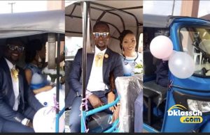 Couple arrive wedding venue in a tricycle in Delta State, Nigeria (Photos)