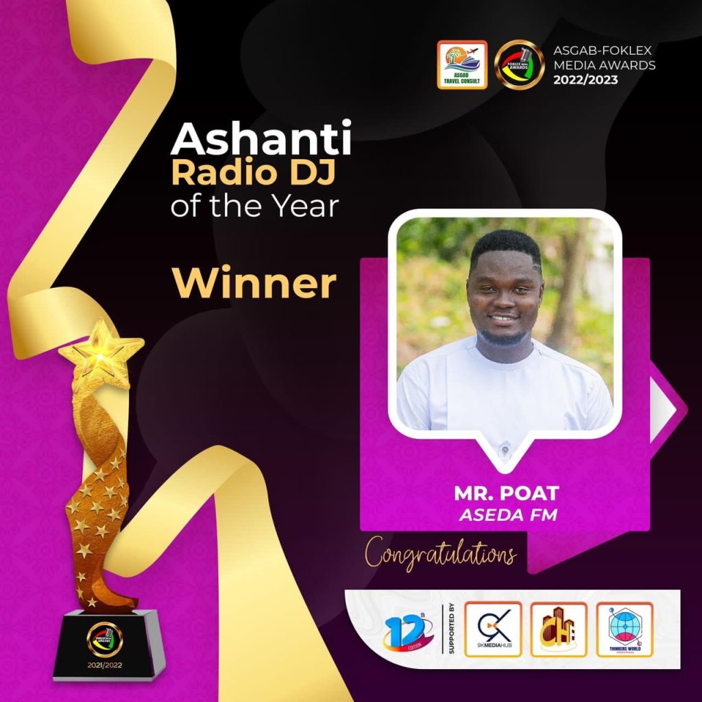 Mr. Poat wins Radio DJ of the year at Foklex Media Awards, Urges Ghanaian to Support Talents in Obuasi